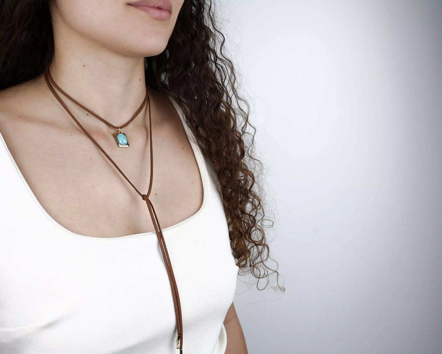 Long Brown Suede Necklace with Turquoise Blue Stone Pendant - Gold
