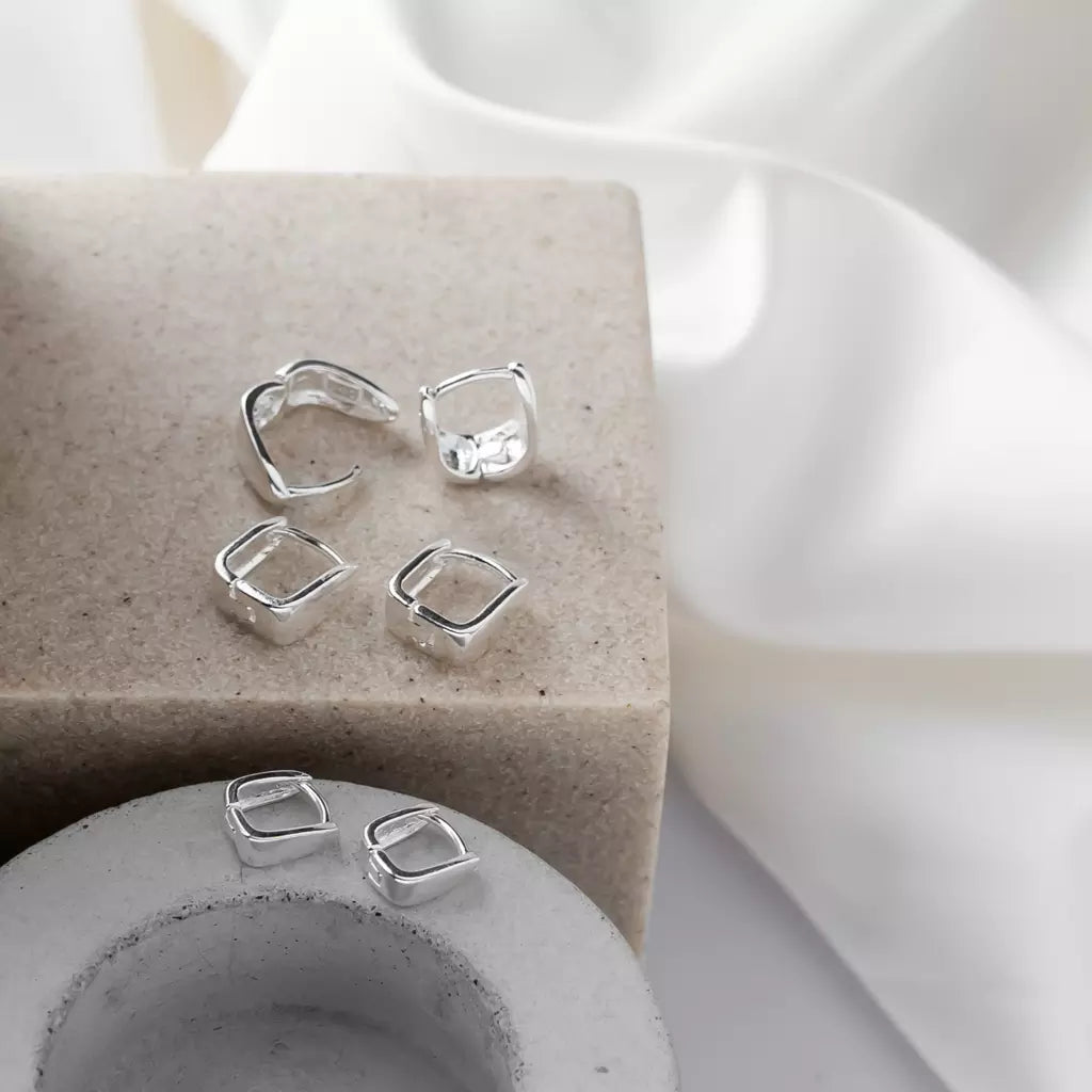 Set of Three Plain Triangular Flat Hoop Earrings - Silver