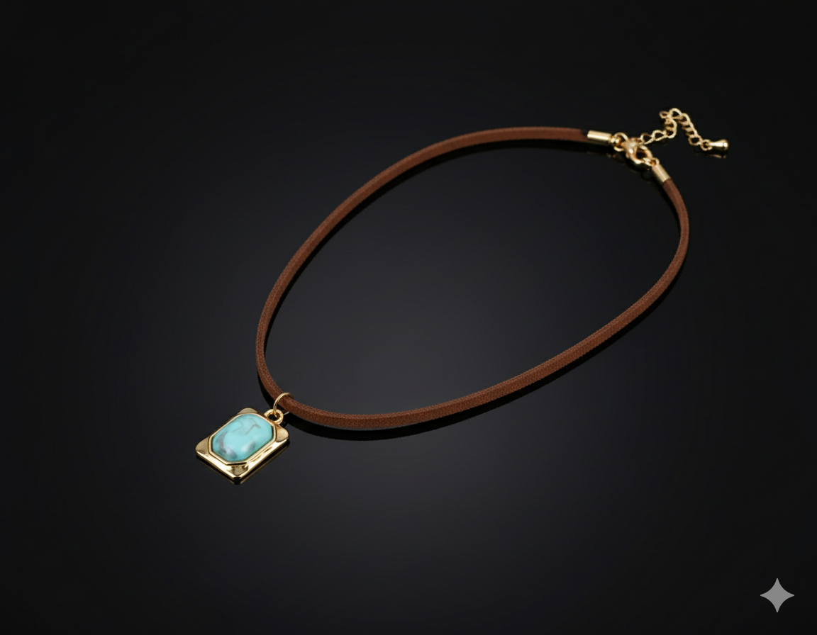 Long Brown Suede Necklace with Turquoise Blue Stone Pendant - Gold