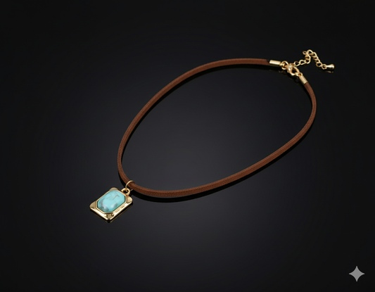 Long Brown Suede Necklace with Turquoise Blue Stone Pendant - Gold