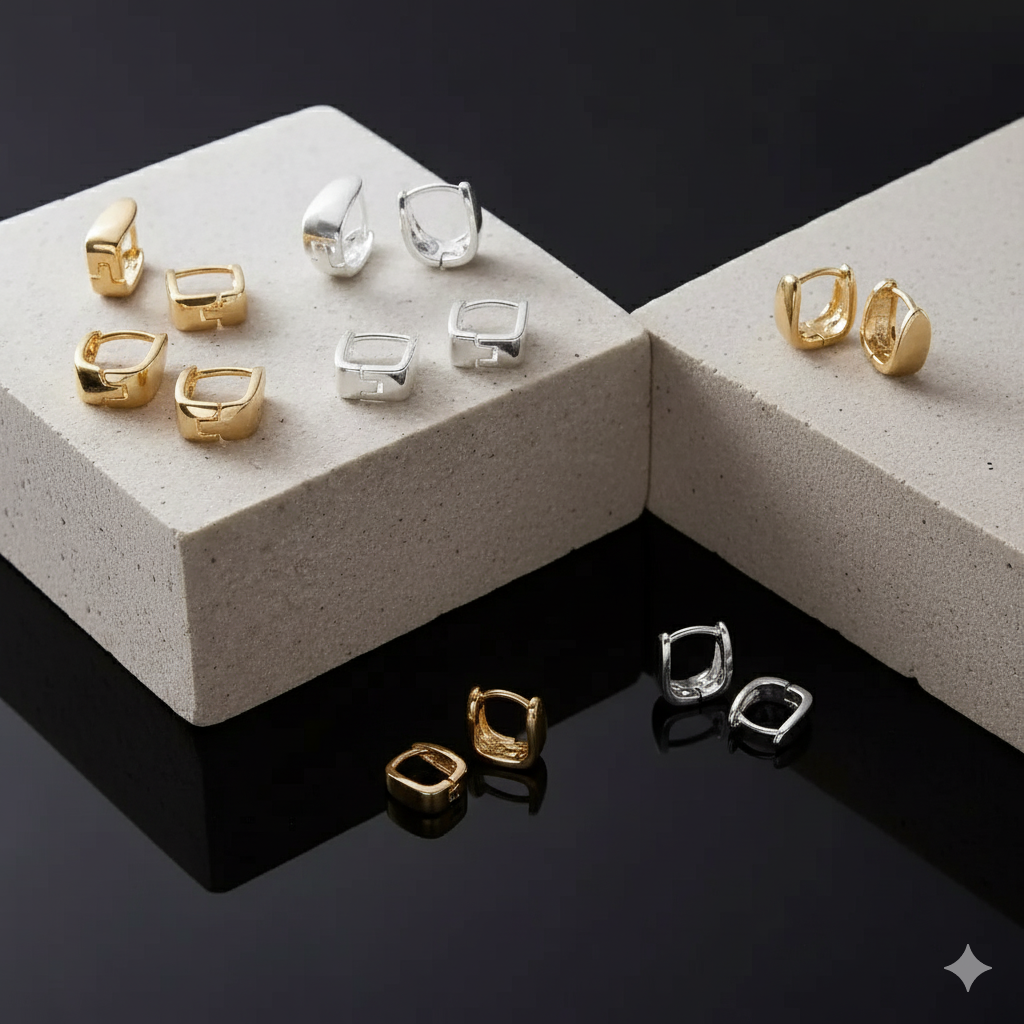 Set of Three Plain Triangular Flat Hoop Earrings - Silver