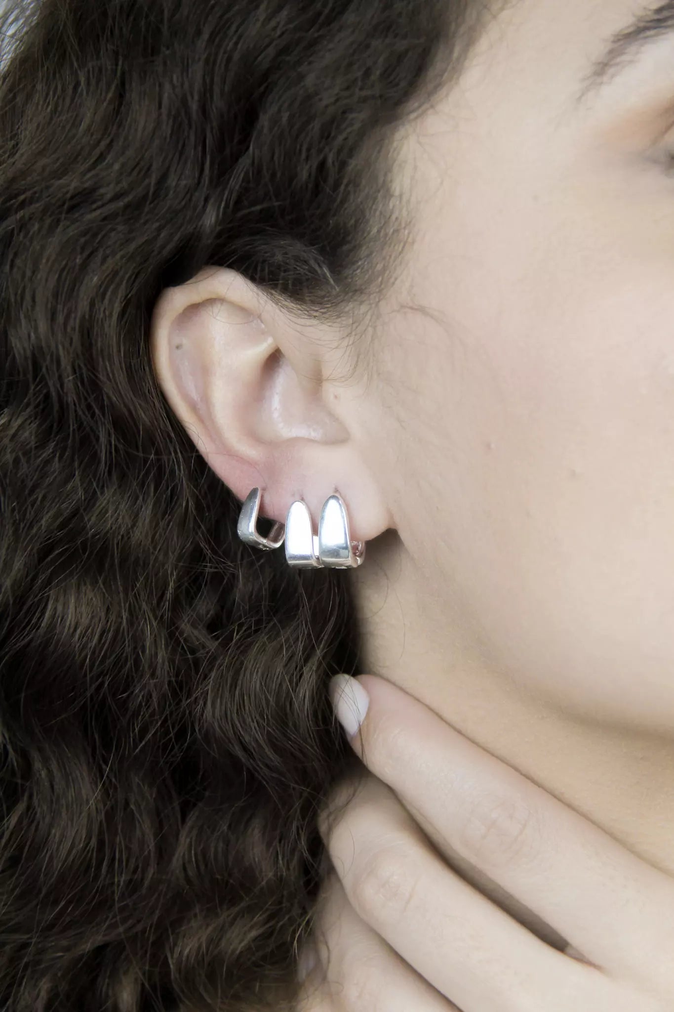 Set of Three Plain Triangular Flat Hoop Earrings - Silver