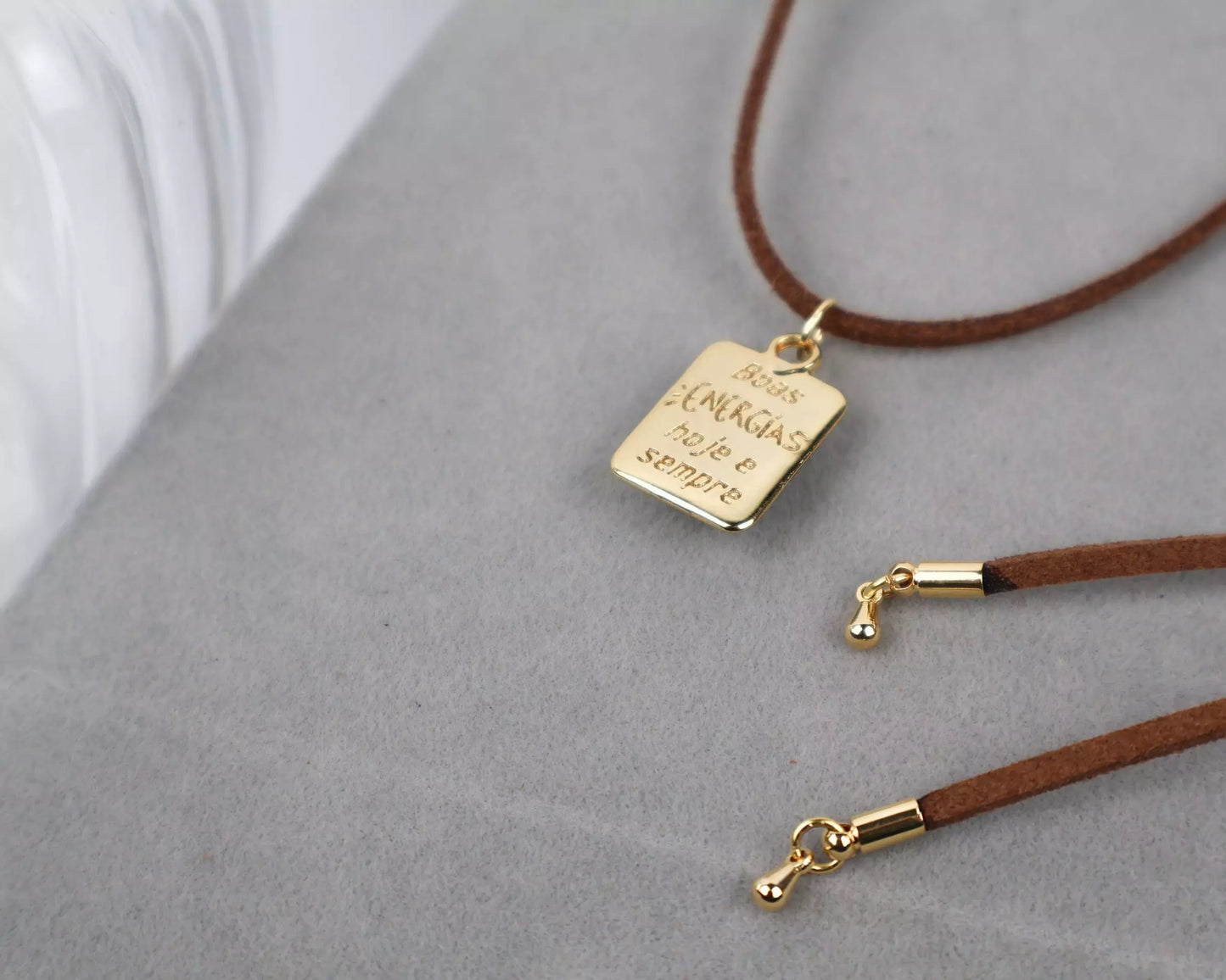 Long Brown Suede Necklace with Turquoise Blue Stone Pendant - Gold