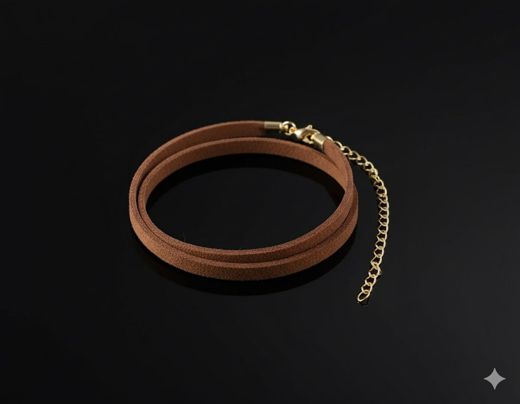 Brown Suede Choker Necklace - Gold